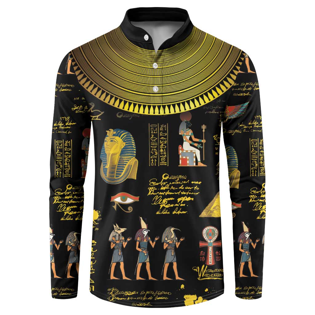 Black button-front sweatshirt with Ancient Egypt hieroglyph print and gold-tone collar