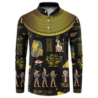 Black button-front sweatshirt with Ancient Egypt hieroglyph print and gold-tone collar