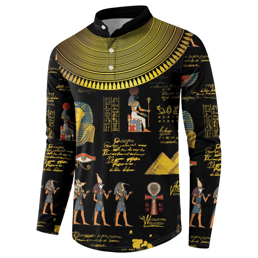 Black long-sleeve sweatshirt with gold-tone collar and Ancient Egypt scene print