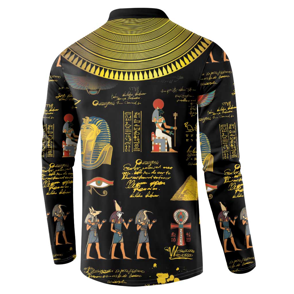 Black long-sleeve sweatshirt with gold-tone neck yoke and hieroglyphic artwork