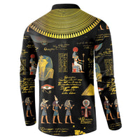 Black long-sleeve sweatshirt with gold-tone neck yoke and hieroglyphic artwork
