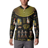Black button-front sweatshirt with Ancient Egypt figures and hieroglyph print