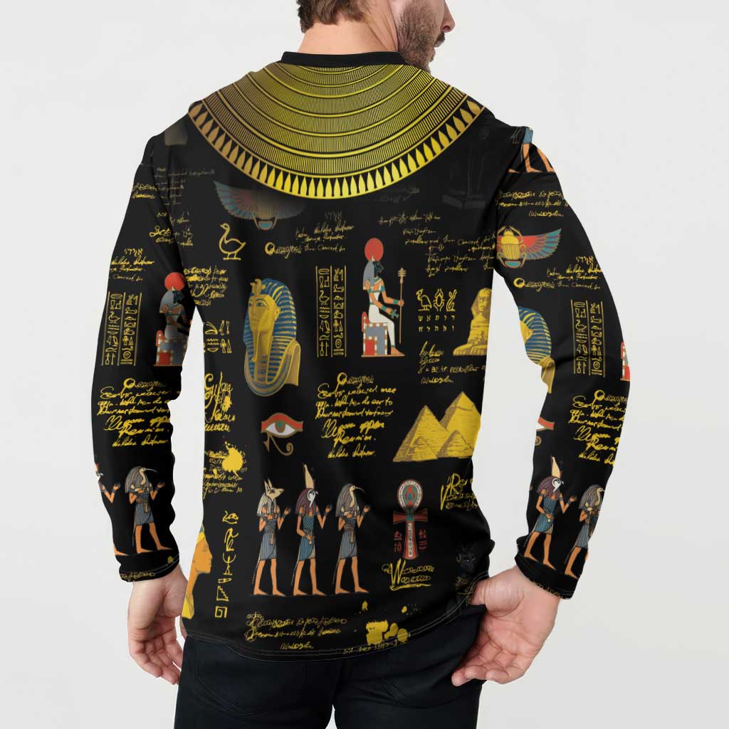 Black long-sleeve sweatshirt, back view, gold-tone collar and Egyptian hieroglyph print