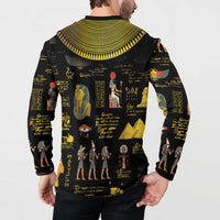 Black long-sleeve sweatshirt, back view, gold-tone collar and Egyptian hieroglyph print