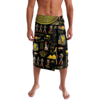 Black Egyptian graphic knee-length wrap shorts with bold hieroglyph print