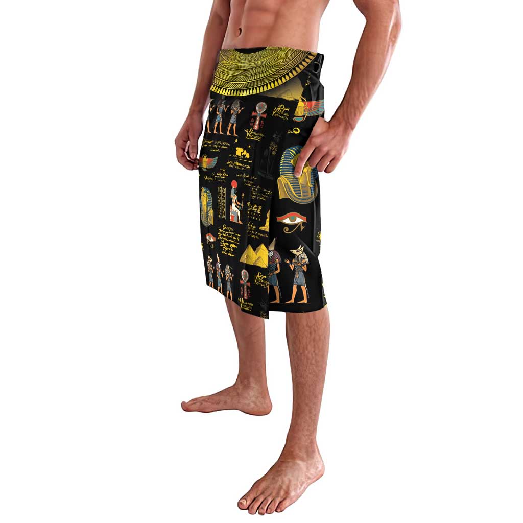 Black Egyptian print wrap-style shorts with wide waistband
