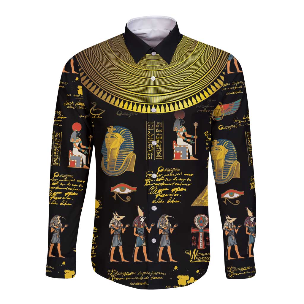 Black long-sleeve button shirt with ancient Egypt hieroglyphs and figures print, collared.