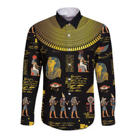 Black long-sleeve button shirt with ancient Egypt hieroglyphs and figures print, collared.