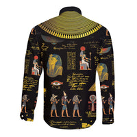 Black long-sleeve button shirt with ancient Egypt back print, hieroglyphs, figures, curved hem.