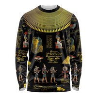 Black long-sleeve shirt with gold Egyptian hieroglyph and pharaoh collage print, crew neck