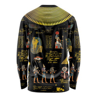 Black long-sleeve shirt back with gold Egyptian hieroglyph and pharaoh collage print