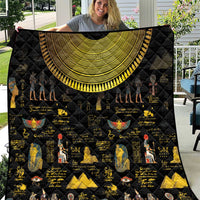 Black Egyptian hieroglyph quilt with gold arch design and colorful statue graphics
