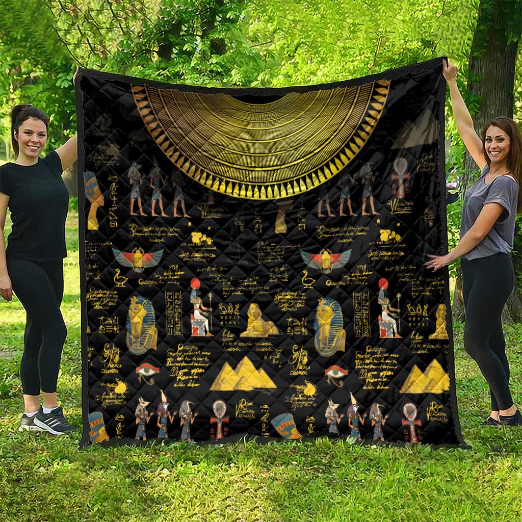 Black Egyptian hieroglyph quilt, gold crescent arch top, colorful figures pattern
