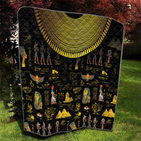 Black Egyptian-themed quilt featuring gold crescent arch and hieroglyph character icons