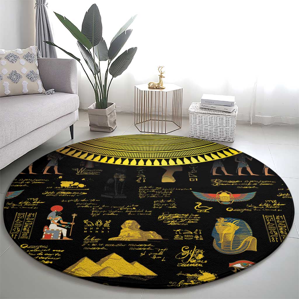 Black round Egyptian hieroglyph carpet with large central pharaoh illustration
