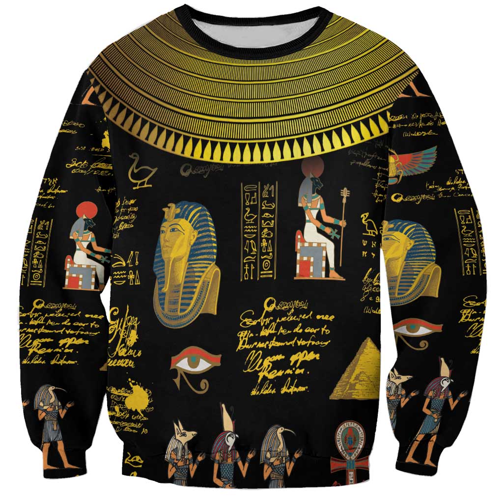 Black unisex sweatshirt with Egyptian hieroglyph and pharaoh portrait print, crew neck