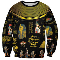 Black unisex sweatshirt with Egyptian hieroglyph and pharaoh portrait print, crew neck
