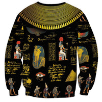 Black unisex sweatshirt with repeating Egyptian symbols, gods, and eye motifs print