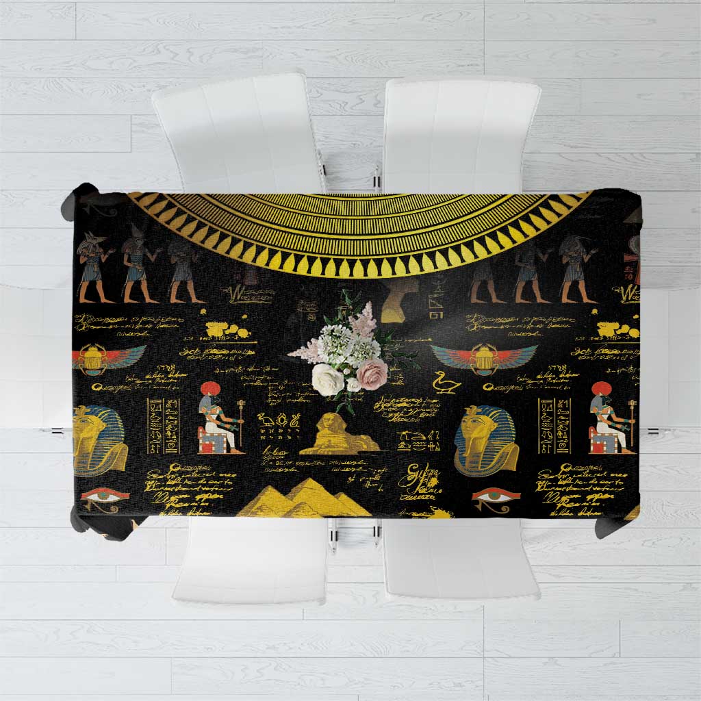 Black Ancient Egypt tablecloth top view with gold hieroglyph band and figures