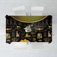 Black Ancient Egypt tablecloth top view with gold hieroglyph band and figures