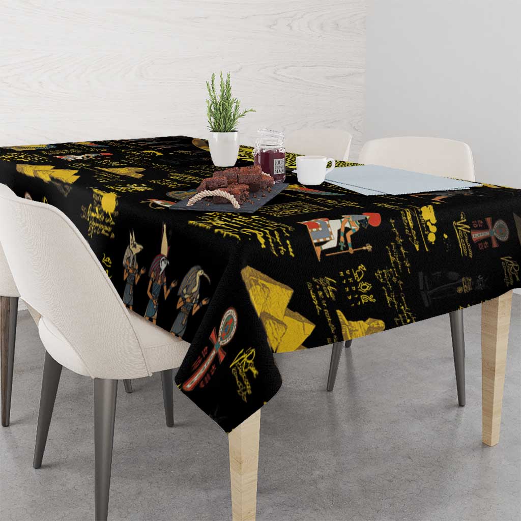 Black Ancient Egypt tablecloth on dining table with gold and colorful Egyptian symbols