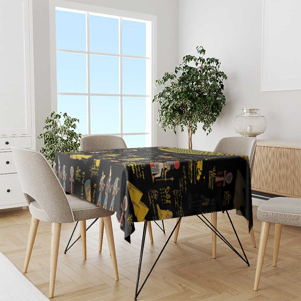 Black Ancient Egypt tablecloth with gold hieroglyphs and Egyptian figures