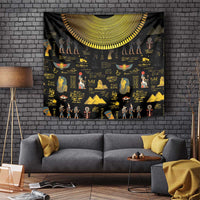 Black Egyptian tapestry with gold hieroglyph patterns, people silhouettes, and ornate crescent top border