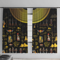 Black window curtain set with gold Egyptian hieroglyph and motif print, half-curtain style.