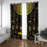 Black window curtain pair with gold Egyptian motifs and hieroglyph print, curtain rings at top.
