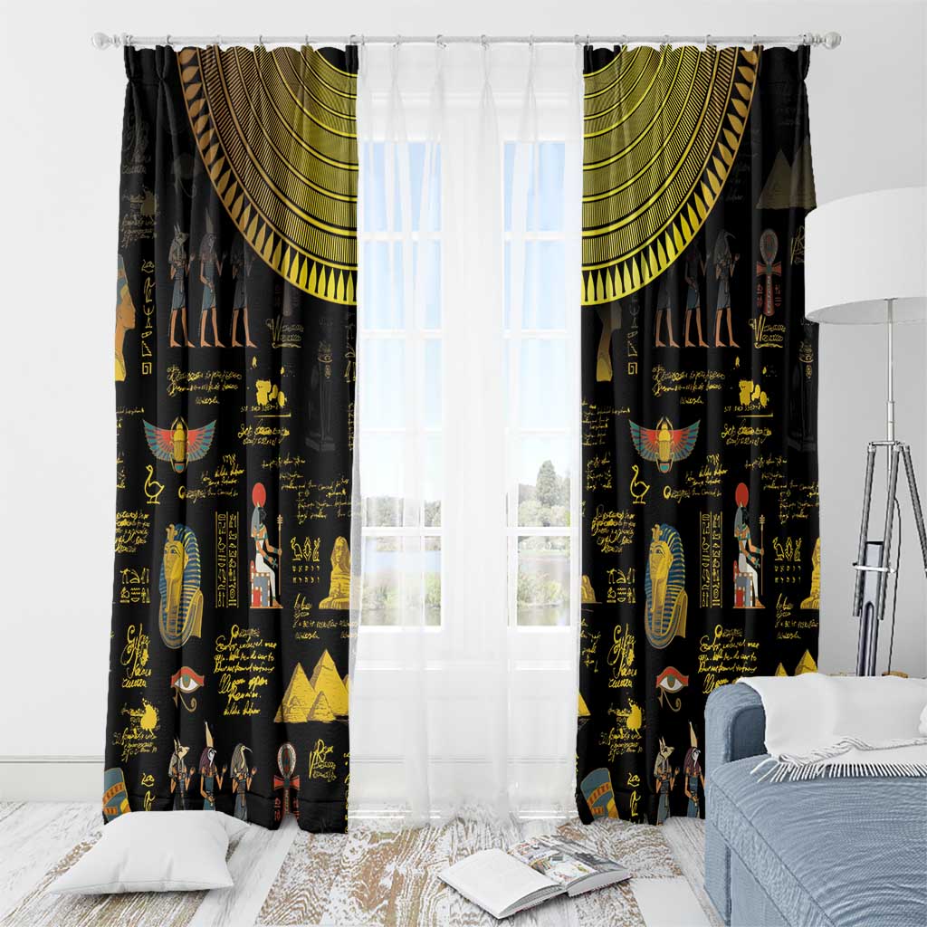 Black Egyptian window curtain set with gold valance, hieroglyphs, and decorative icons on fabric.
