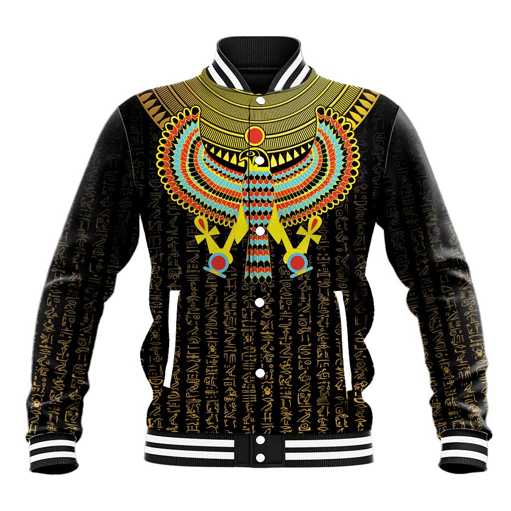Black baseball jacket with gold hieroglyph print, Horus falcon emblem, striped rib trim