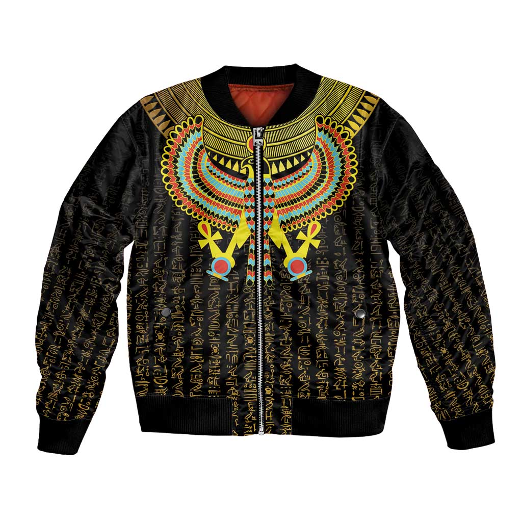 Black unisex bomber jacket with gold zipper and colorful Horus falcon chest emblem