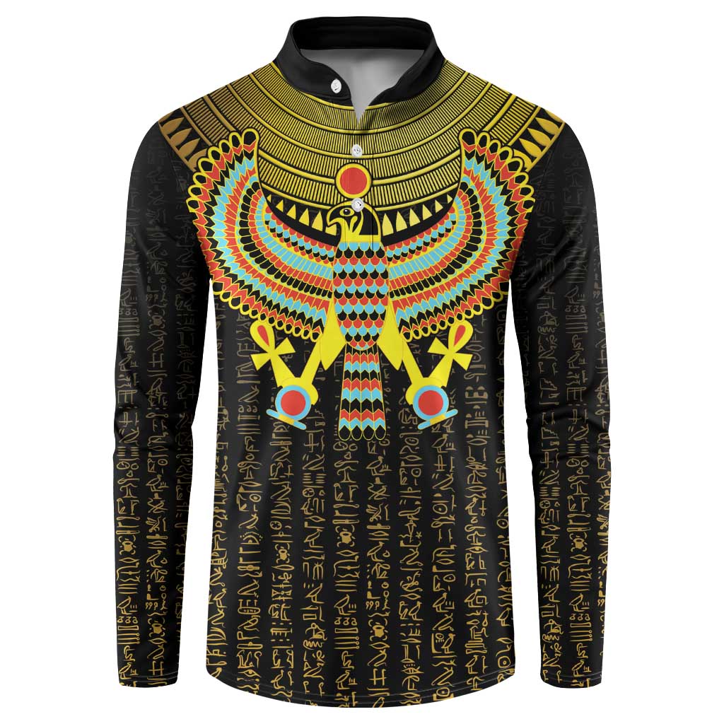 Black button-up sweatshirt with gold collar and colorful Horus falcon front graphic
