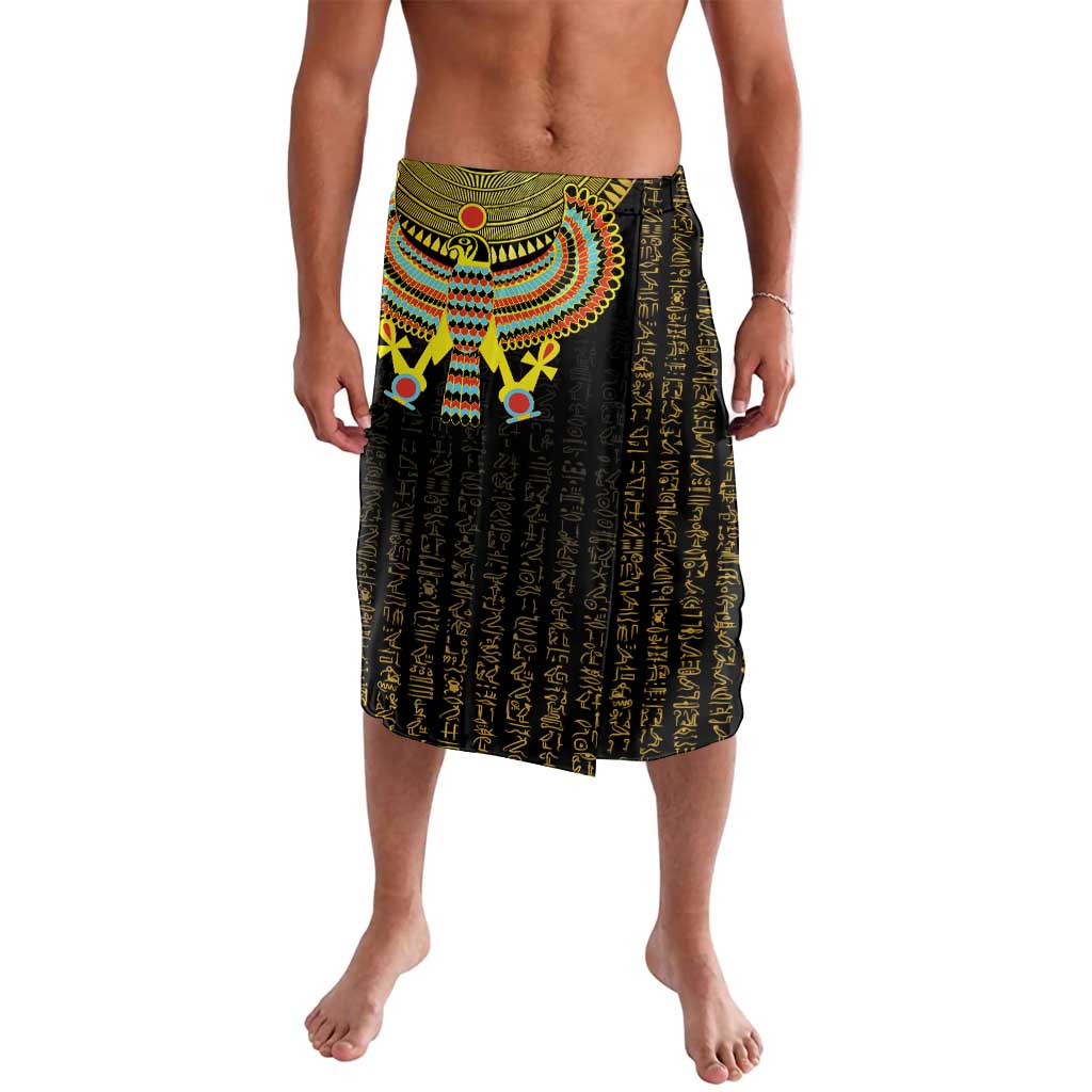 Men's black lavalava skirt with Horus falcon graphic and colorful trim, knee length