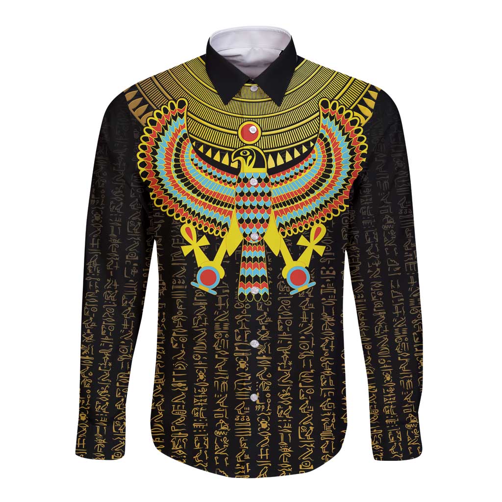 Black long-sleeve button shirt with multicolor Horus falcon graphic and gold collar