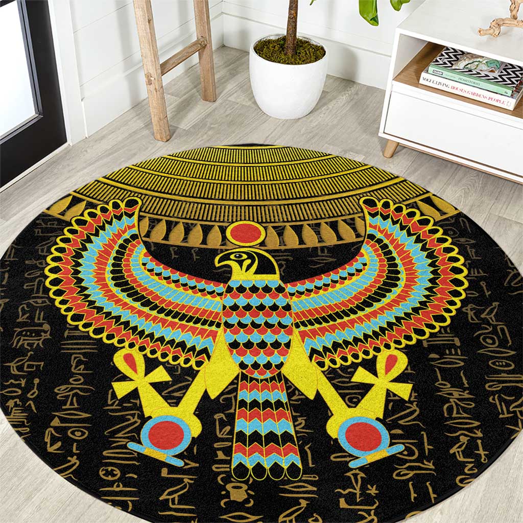 Round black carpet with multicolor Horus falcon emblem and Egyptian symbols