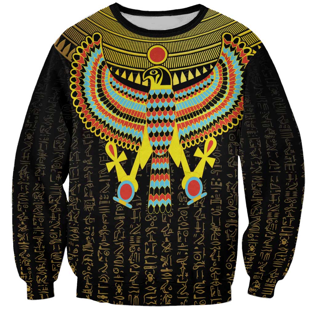 Black unisex sweatshirt with colorful Horus falcon symbol and gold hieroglyph print