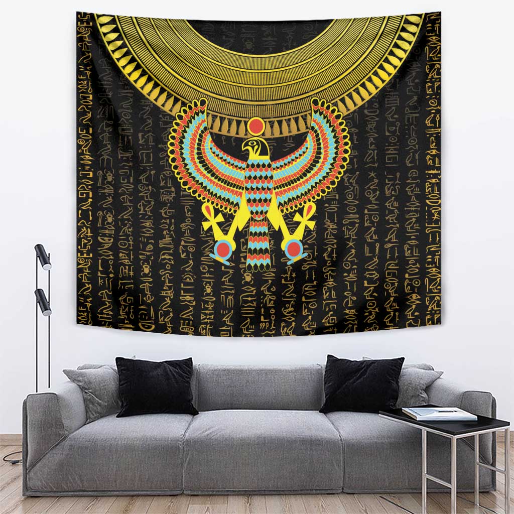 Horus symbol tapestry with colorful falcon, gold headdress, and hieroglyph pattern on black