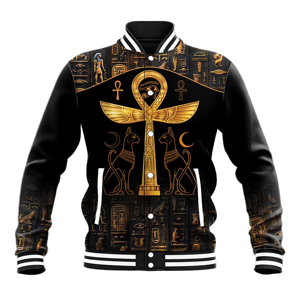 Black baseball jacket with gold Egyptian ankh and Eye of Horus front print, snap buttons