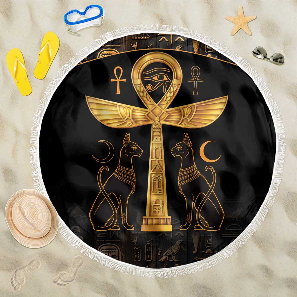 Black round beach blanket with gold Eye of Horus and Egyptian ankh cats, fringed edge