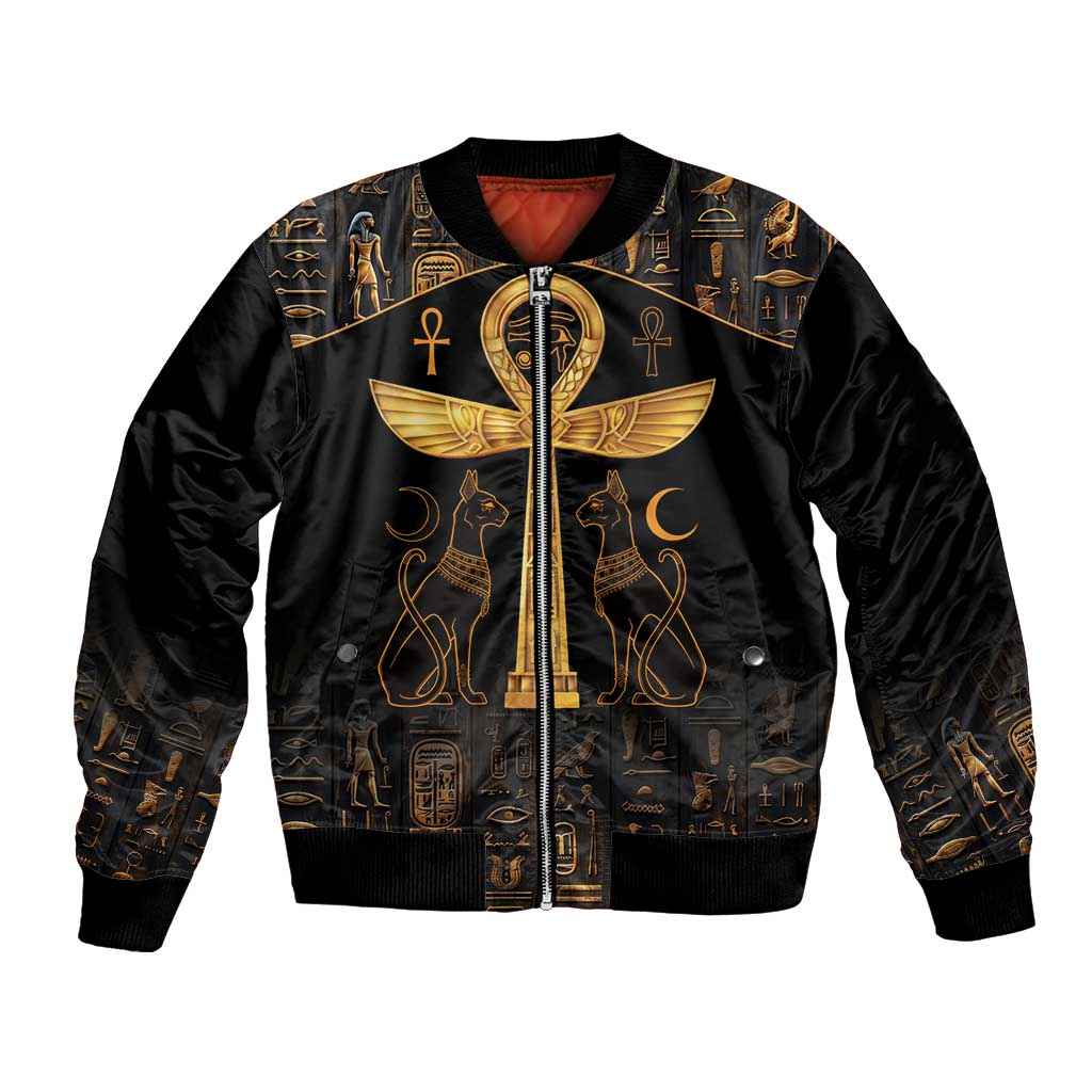 Black bomber jacket with gold ankh and Eye of Horus winged emblem, full front zipper