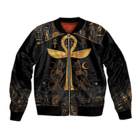 Black bomber jacket with gold ankh and Eye of Horus winged emblem, full front zipper