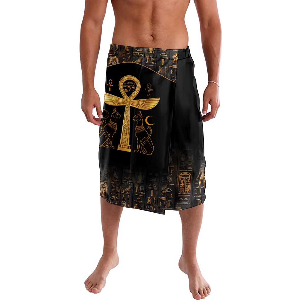Black knee-length sarong with gold Eye of Horus and Ankh print