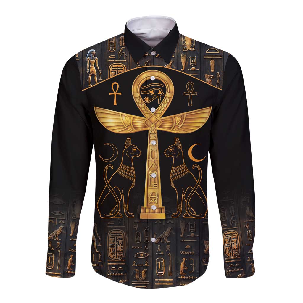 Black long-sleeve button shirt with Eye of Horus and Egyptian symbols, gold print