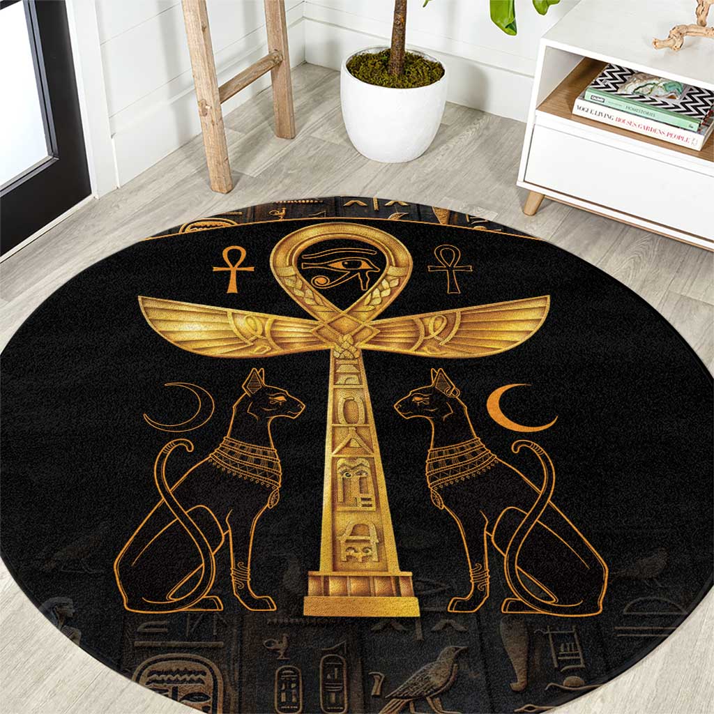 Round black ancient Egypt carpet with Eye of Horus, ankh, and gold cat figures