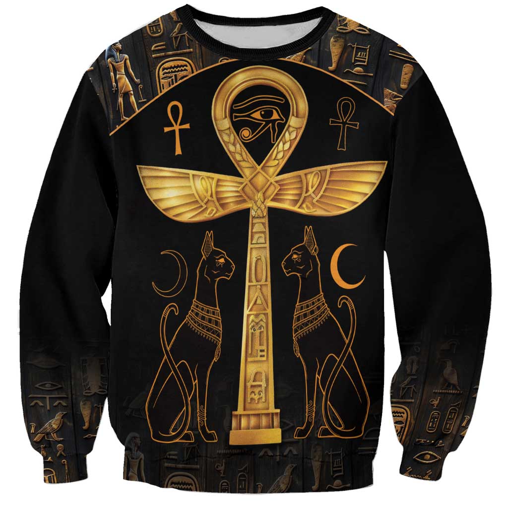 Unisex black sweatshirt with gold ankh and Eye of Horus graphic, full front print