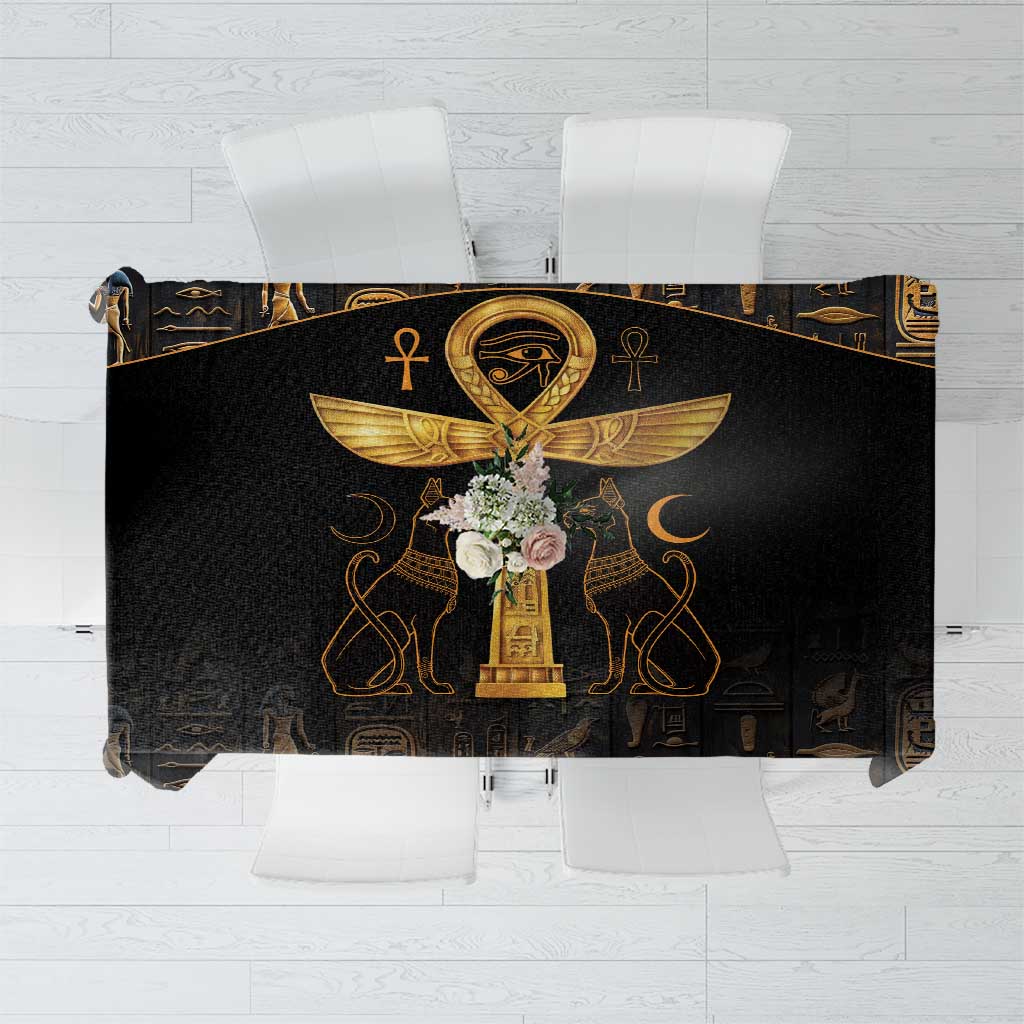 Black tablecloth with gold Eye of Horus and ankh emblem, ornate Ancient Egypt pattern