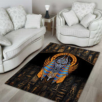 Black Egyptian Anubis area rug showing a blue Anubis head with gold winged frame