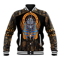 Black baseball jacket with front Anubis emblem, gold hieroglyph patterns and striped ribbed cuffs