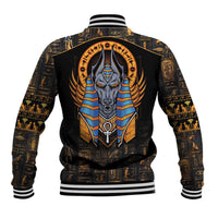 Black baseball jacket with Anubis graphic on back, striped ribbed collar and cuffs